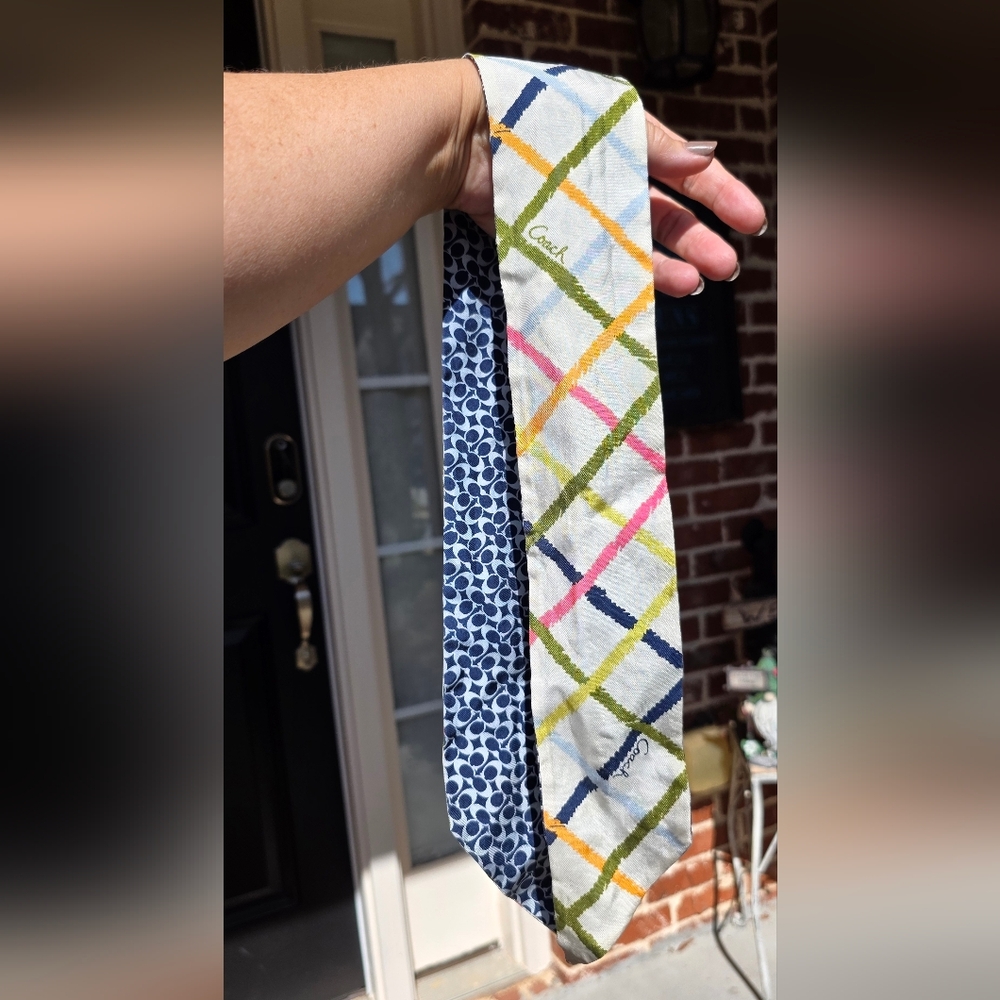 Coach Plaid and Navy Polka Dot Scarf - Picture 2 of 3